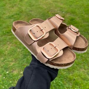 NEW Outwoods Sandals Rose Gold Two Strap Big Buckles